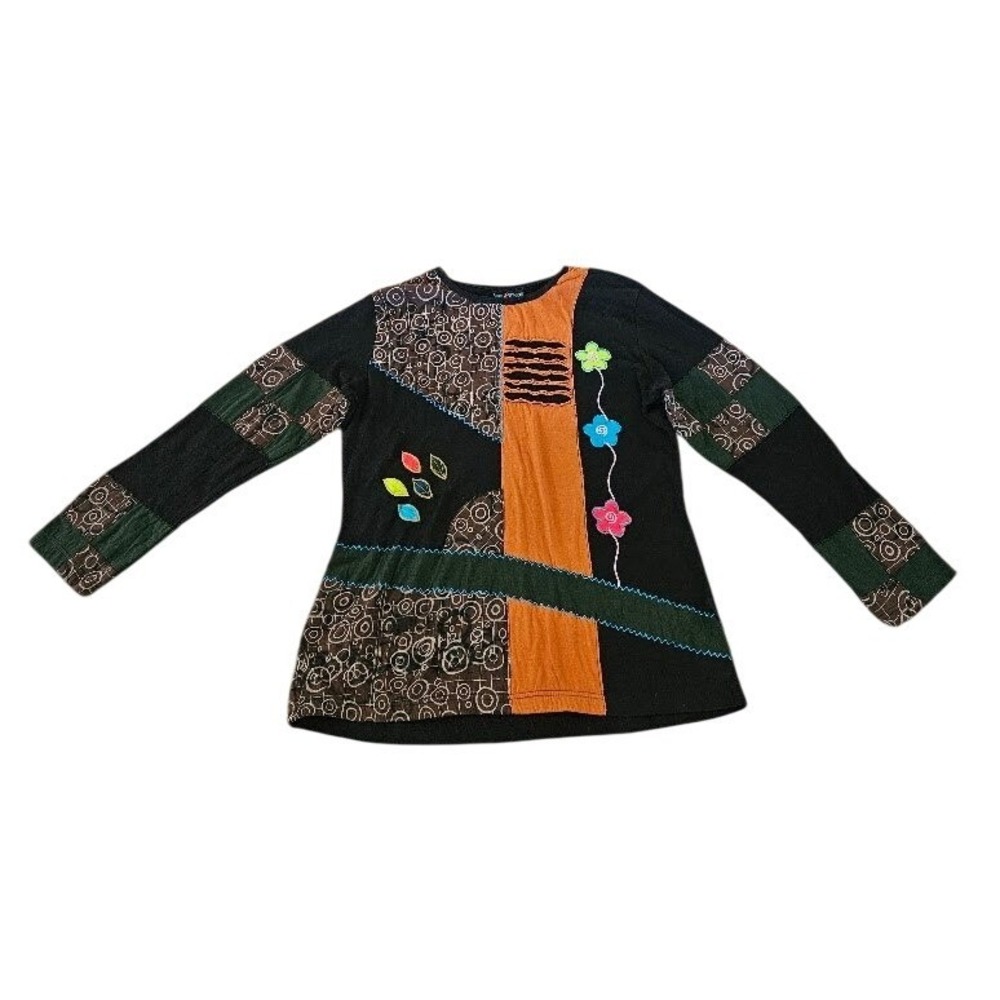 Agan Traders XXL Black Patchwork Embroidered Cotton Tunic Top Long Sleeve Artsy